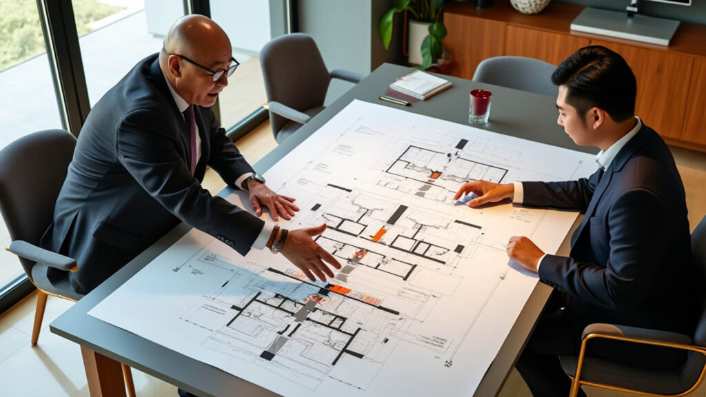 兩位穿著正式西裝的專業人員正在會議桌上檢討建築藍圖，展現專業的建築設計和討論。
