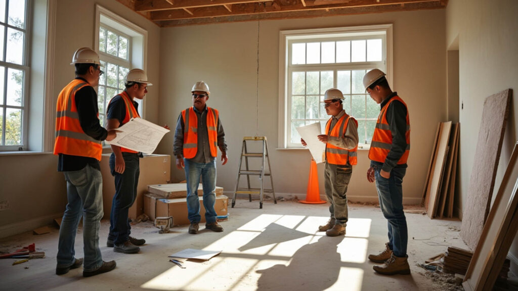 一群建築工人在施工現場討論建築圖紙和施工細節，穿著安全背心和安全帽以保障安全。