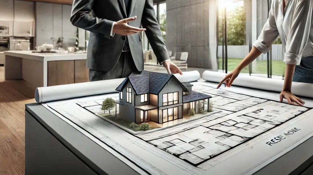 設計師和客戶在展示建築模型的會議桌前討論房屋設計，模擬未來建築完成後的外觀與佈局。