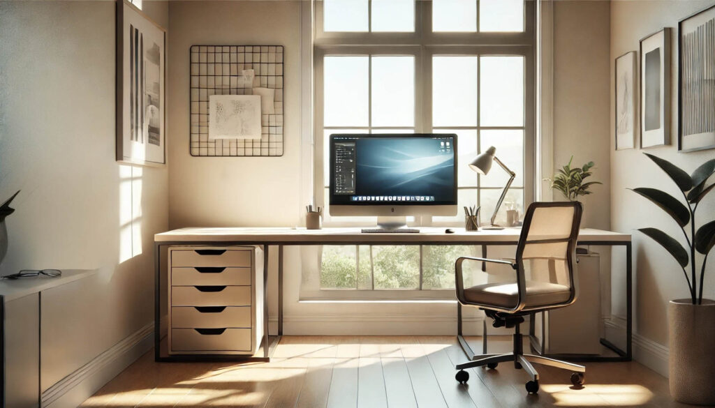 極簡家庭辦公室，設計風格簡約清新，大窗戶採光良好，白色牆面和木質桌椅增添自然感，完美的現代居家工作空間靈感。