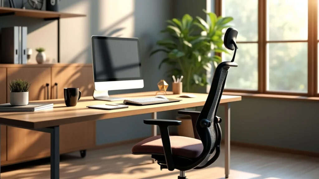 現代化辦公區域，設有人體工學椅和大屏幕電腦，木製桌面上擺放簡約裝飾，為提升效率而設計的家居辦公空間。