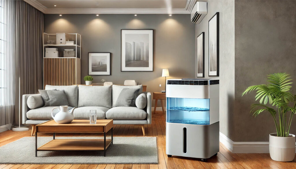 現代客廳設計，灰色沙發搭配簡約家具與空氣清新機，展現科技與舒適生活的結合，非常適合用於智能家居或室內空間設計的推廣。