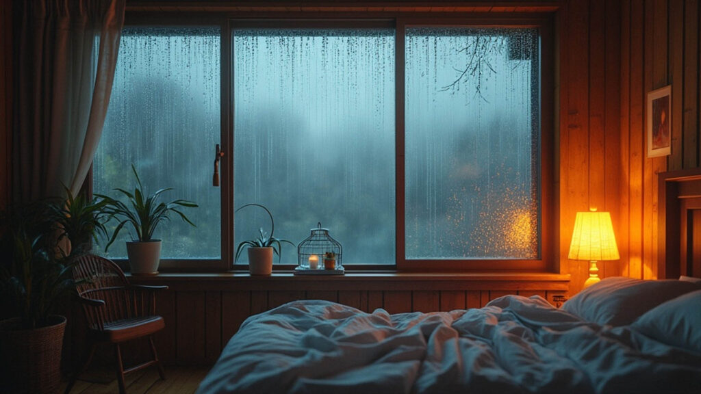 雨夜中的溫馨臥室，溫暖的燈光與窗外的滴水景象營造浪漫與放鬆的氛圍，完美詮釋舒適睡眠環境與自然風景的魅力