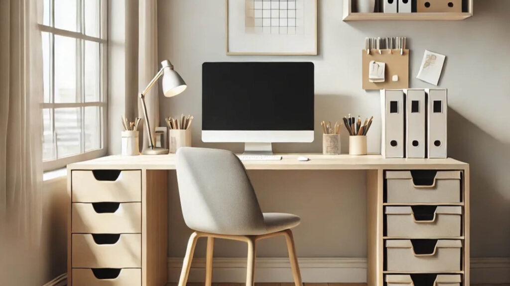 精心規劃的家庭辦公室，擁有良好收納系統，搭配淺色木質桌椅，讓工作環境井然有序，適合極簡主義者的家居辦公靈感。