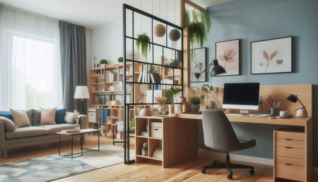 融合客廳與辦公區域的輕工業風家庭空間，植栽與分隔屏風增加層次，適合創意工作者尋找多功能空間設計靈感。