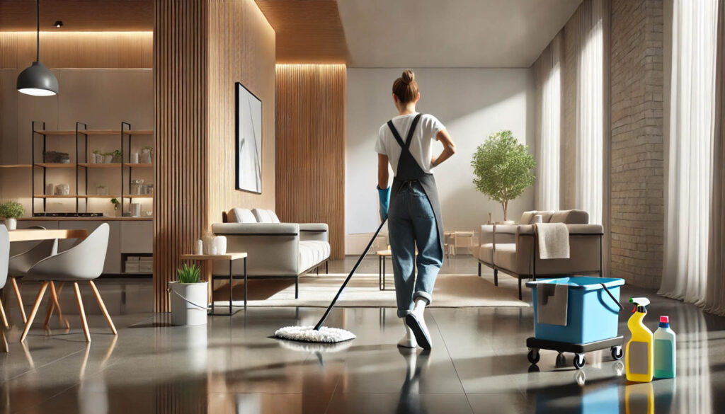 專業清潔服務場景，一位清潔人員正在明亮整潔的現代空間內工作，突顯高效與專業