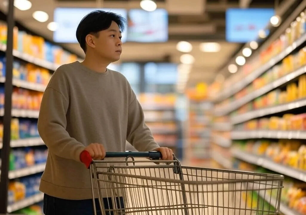 A shopper pushing a cart in a well-lit grocery aisle