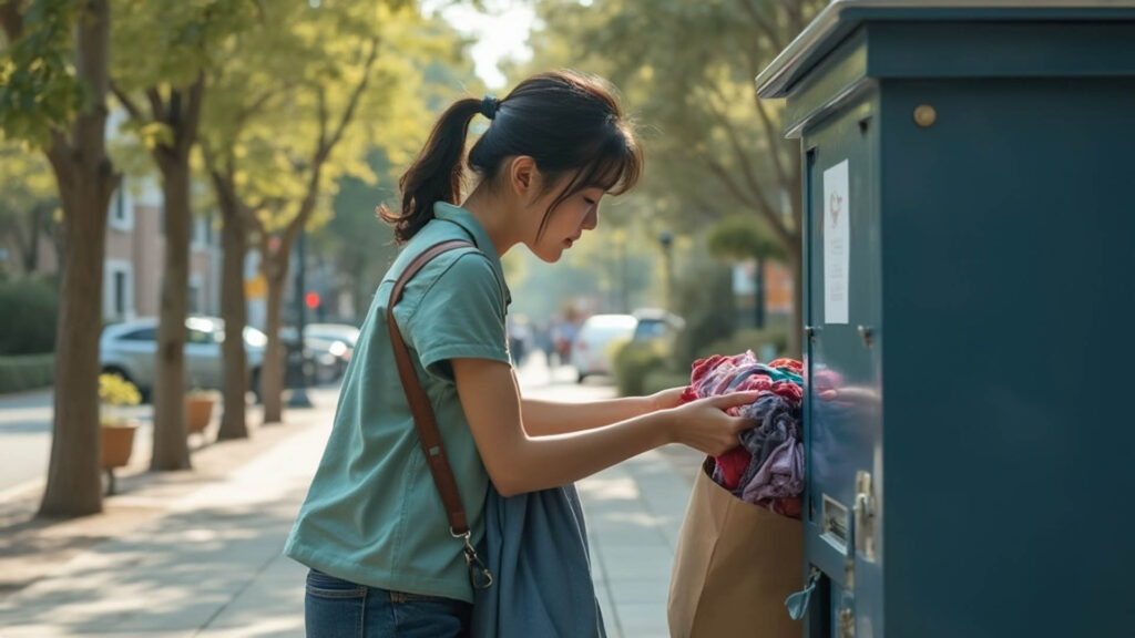 A young woman donating clothes to a public donation bin on a sunny street