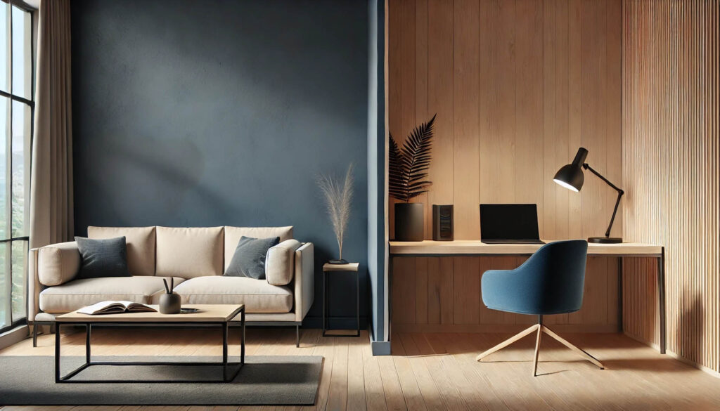 一個結合深藍色強調牆、極簡家具與自然木質書桌的精緻家庭辦公室設計。