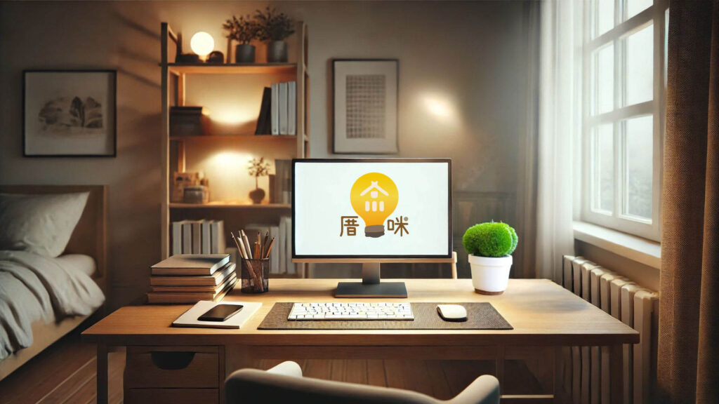 一個溫馨氛圍的臥室工作區，擁有木質書桌、舒適的床鋪以及溫暖燈光的照明擺設，適合放鬆與工作。 電腦螢幕上顯示厝咪二個字