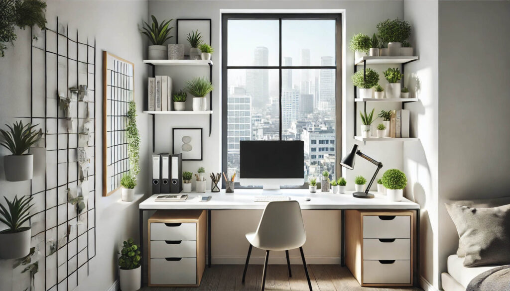 一個擁有都市景觀的現代工作空間，充滿光線明亮的環境、綠色植物和位於窗邊的白色家具大型書桌。