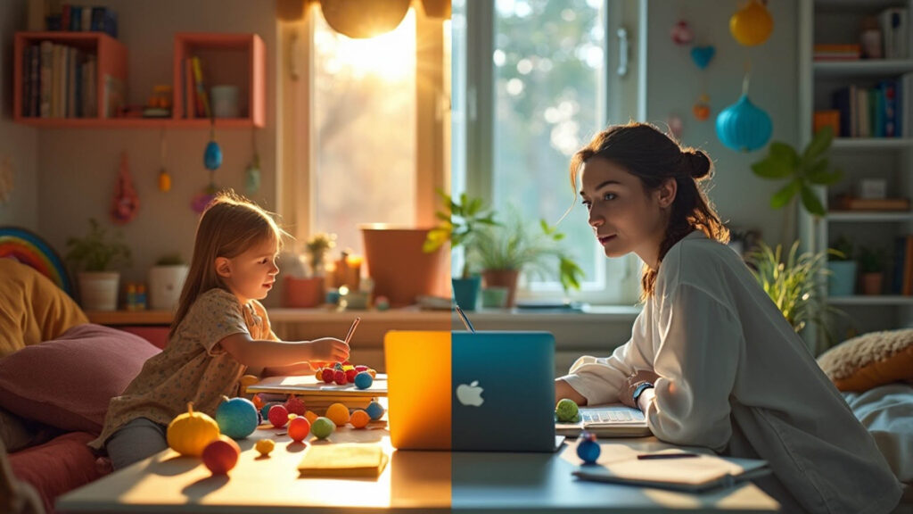 一個溫馨的家庭時刻，在一個富有創意的工作空間裡，小孩在一邊進行手工創作，家長則在筆記本電腦前工作，整體環境舒適且色彩繽紛。