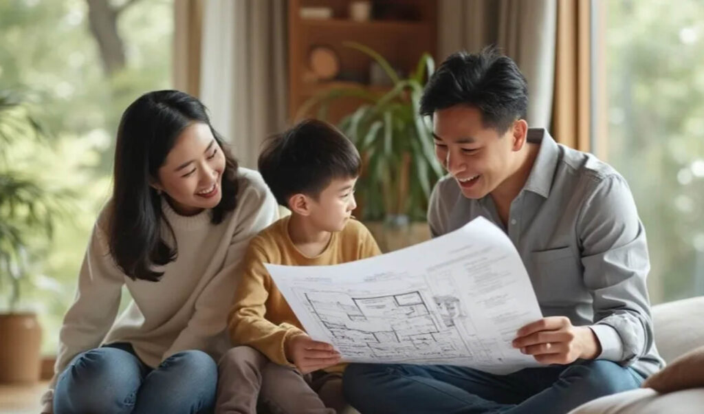 一家三口在室內欣賞房屋設計圖紙，展現家庭和諧與幸福的氛圍