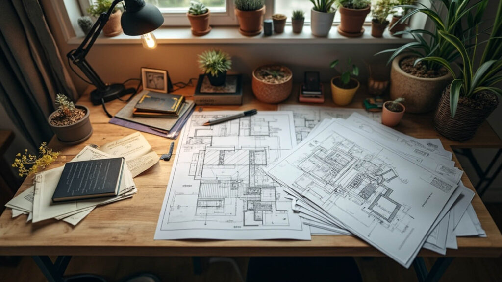 設計師的桌面充滿了房屋設計圖和筆記，展現創意工作環境