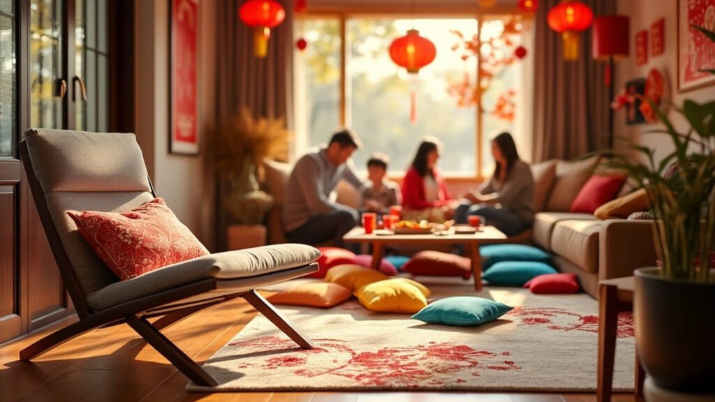 一個溫暖的客廳,前景有一把舒適的椅子,背景是一家人享受新年聚會的畫面。