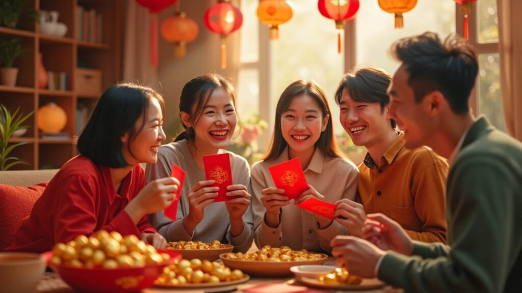 一群朋友在新春聚會上分享紅包,桌上擺滿了新年小吃。