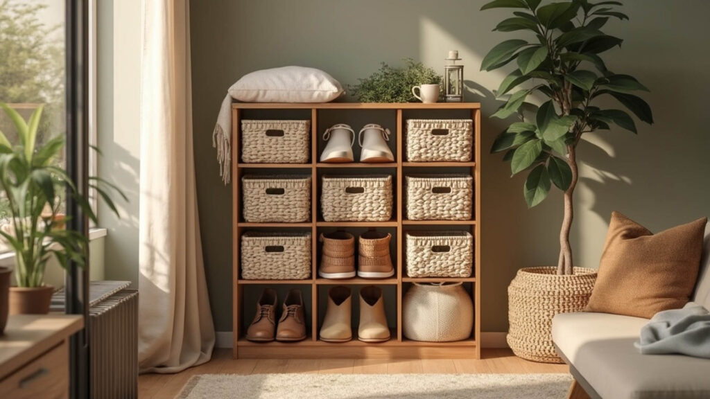 陽光充足的玄關處,整齊的鞋架和藤編收納籃,營造簡約自然的設計感。