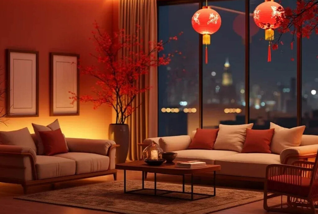 裝飾著紅色燈籠的客廳,窗外夜景璀璨,室內散發溫暖燈光。