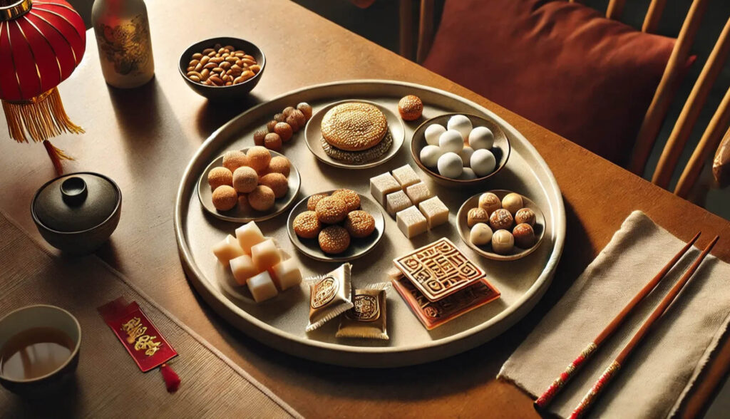 一張擺滿傳統新年點心的餐桌,配有中式紅色裝飾。