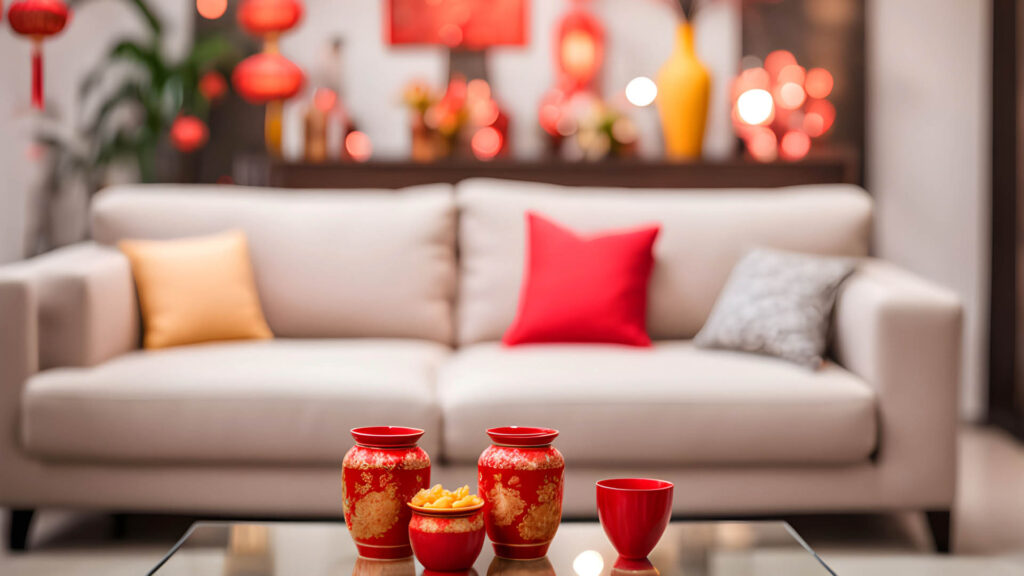 中式客廳新年裝飾，米色沙發前擺放紅色瓷罐，背景有紅燈籠與溫暖燈光，充滿節日氛圍。