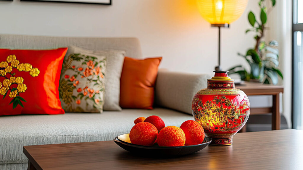 日式簡約空間，明亮黃色背景搭配紅色與木質擺設，呈現溫馨新春氣息。