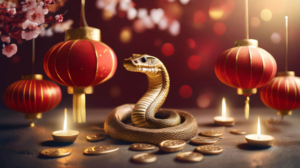 中國新年氛圍裝飾，紅燈籠與金幣點綴，金色蛇雕像象徵財富與好運。
