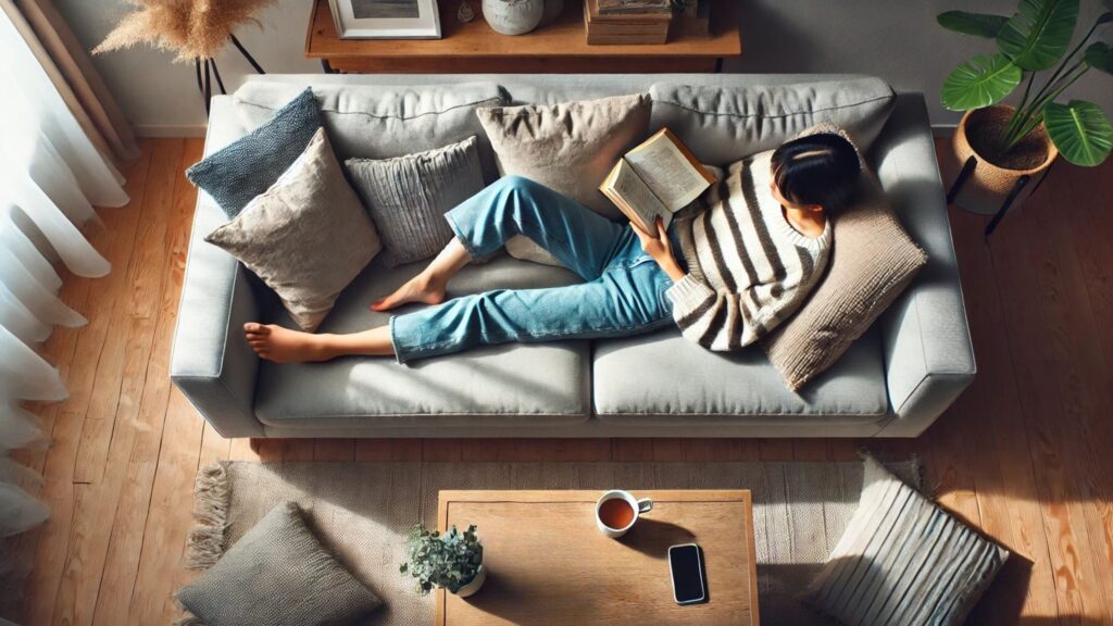 一位女孩在舒適的沙發上閱讀，四周環繞著柔軟的抱枕和自然光線。非常適合喜愛放鬆和享受家庭舒適的讀者