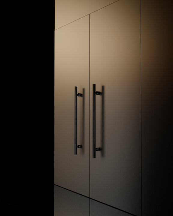 現代簡約風格的深色衣櫃或櫥櫃門，配有兩根長型不鏽鋼把手，細節呈現出光滑且俐落的設計感，適用於現代室內裝潢。