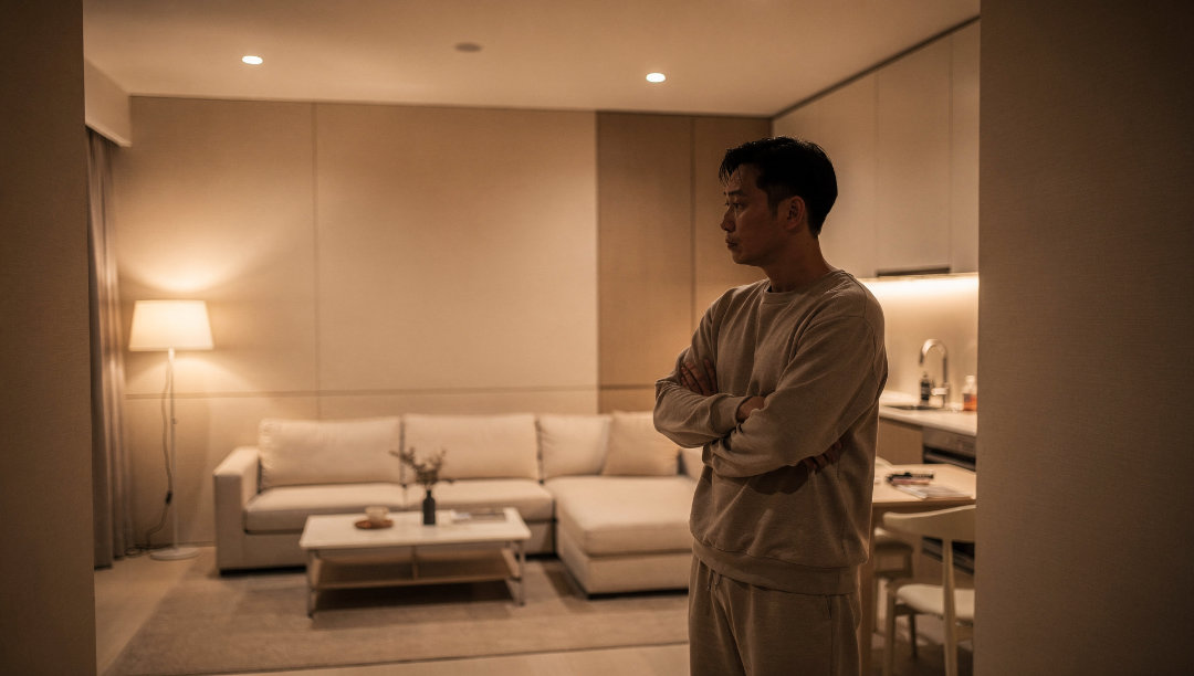 小坪數住宅夜間室內設計，溫暖燈光的客廳與廚房，極簡風裝潢，都市小宅氛圍