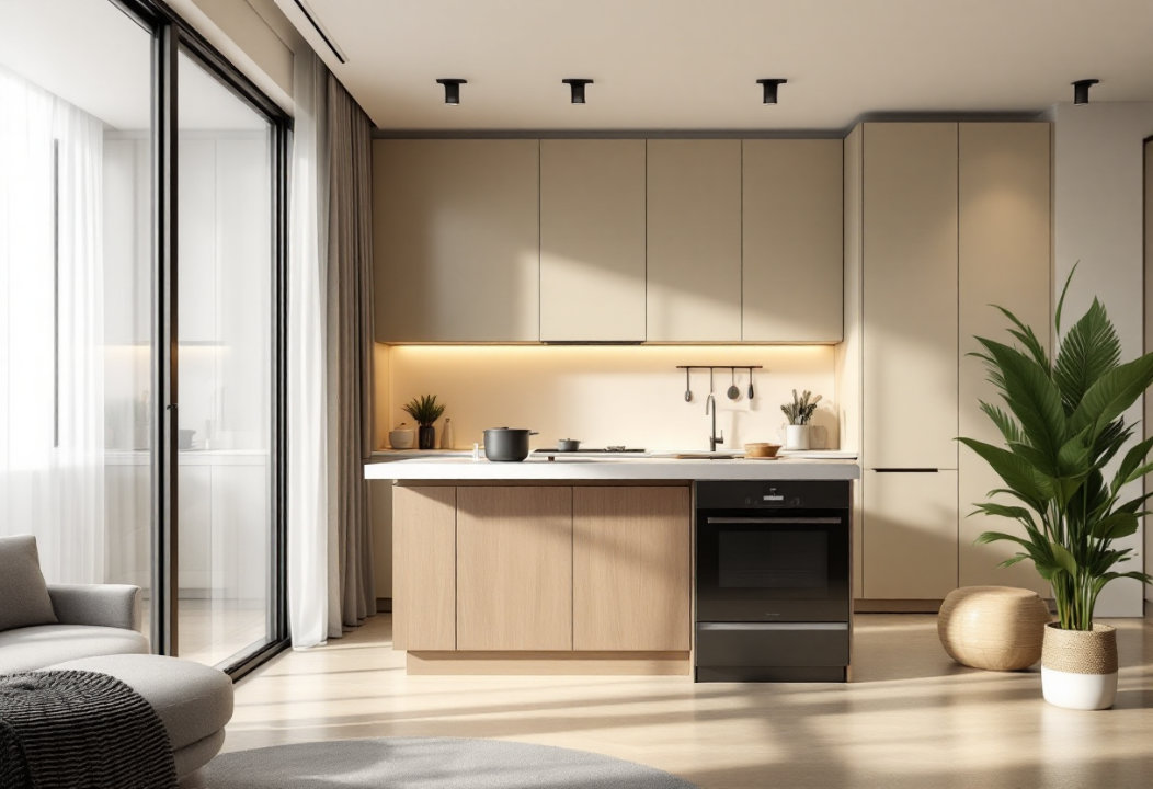 小坪數開放式廚房設計，整合式收納櫃體，淺木色系，現代極簡風廚房，公寓裝潢靈感