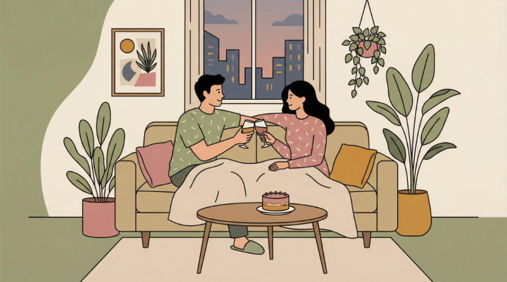 在家約會儀式感：利用蛋糕與紅酒在沙發營造浪漫紀念日氛圍