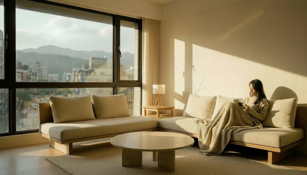日系原木風客廳，午後陽光灑在沙發上與閱讀的女性