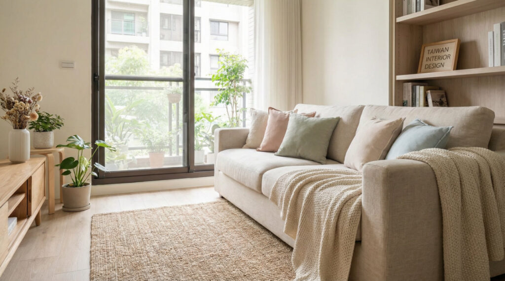 現代簡約風客廳沙發區，搭配亞麻織物與室內綠植