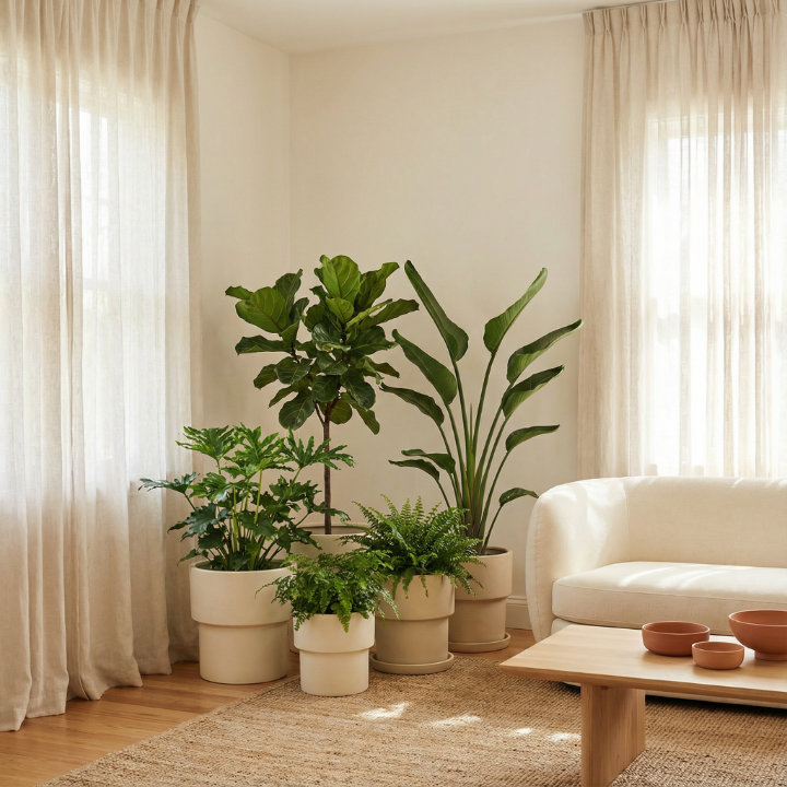 客廳角落的大型室內觀葉植物布置，琴葉榕與天堂鳥