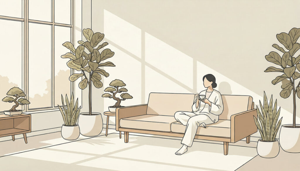 一位女性坐在沙發上喝咖啡，室內擺放多盆琴葉榕、虎尾蘭與盆栽，陽光透過大片窗戶灑入