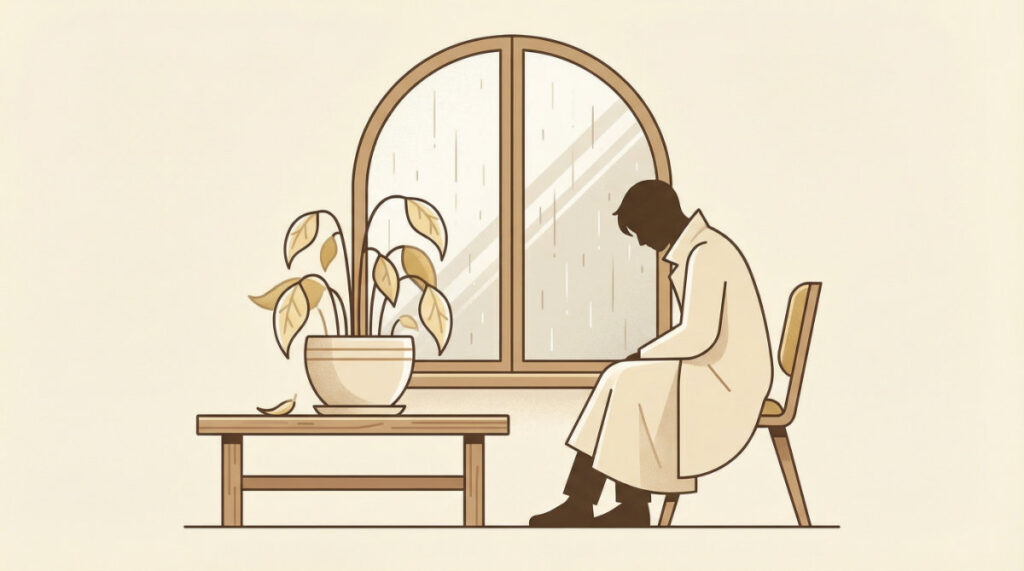 陰雨天窗邊的一名男子垂頭坐在椅子上，桌上擺放一盆葉片發黃枯萎的盆栽，呈現憂鬱與植物照護不當的氛圍。