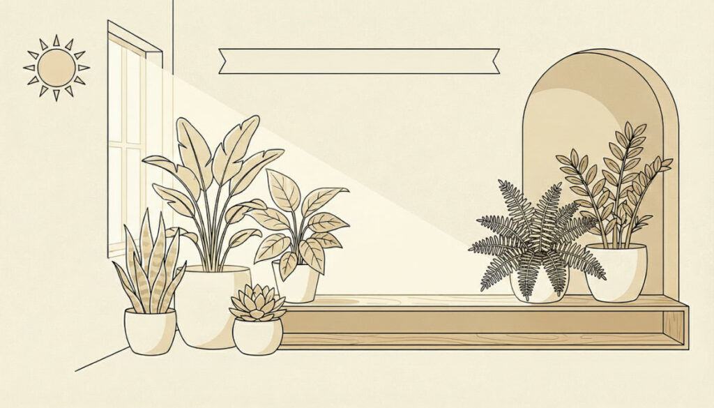 室內角落的木質植栽架，擺放虎尾蘭、龜背芋、波士頓蕨等多種熱帶植物，上方有自然採光與留白裝飾橫幅。