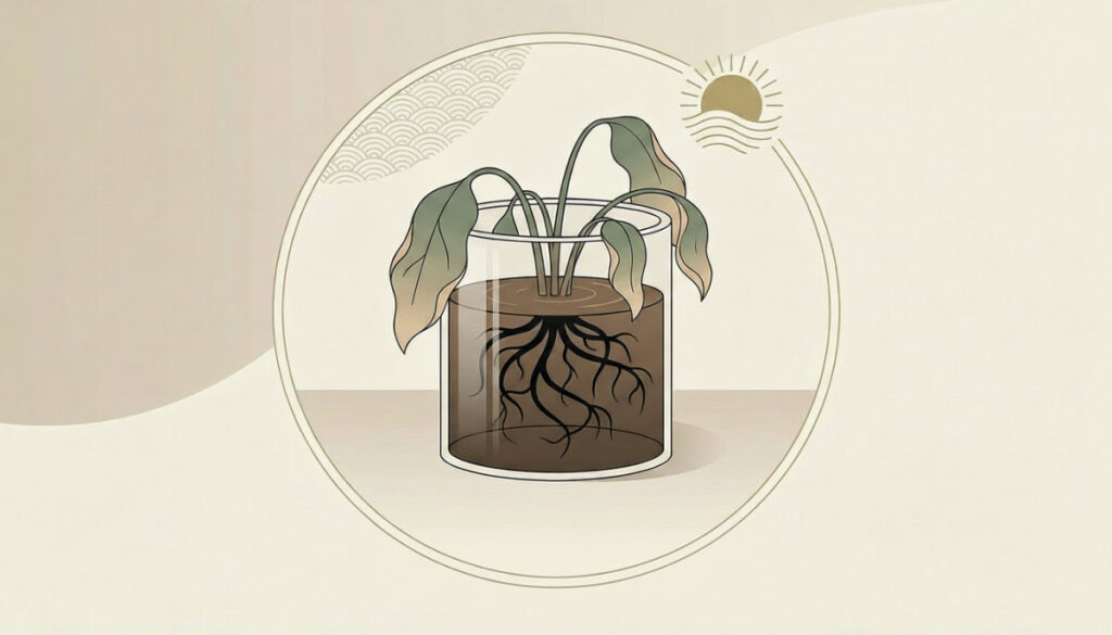 透明玻璃容器中的植物根部變黑腐爛示意圖，上方標示太陽與海浪符號，顯示因水分過多導致植物萎蔫的細節。