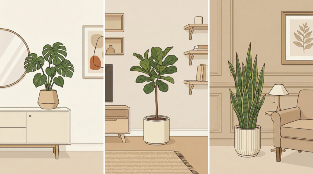 三種不同風格的室內植栽佈置：左為白色邊櫃旁的龜背芋，中為地毯上的大型琴葉榕，右為沙發旁的虎尾蘭，展現現代家居美學。