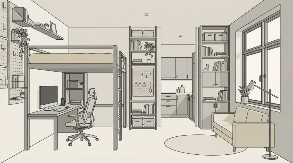 工業風高架床空間規劃,結合下方電腦辦公區與客廳沙發的機能套房佈局