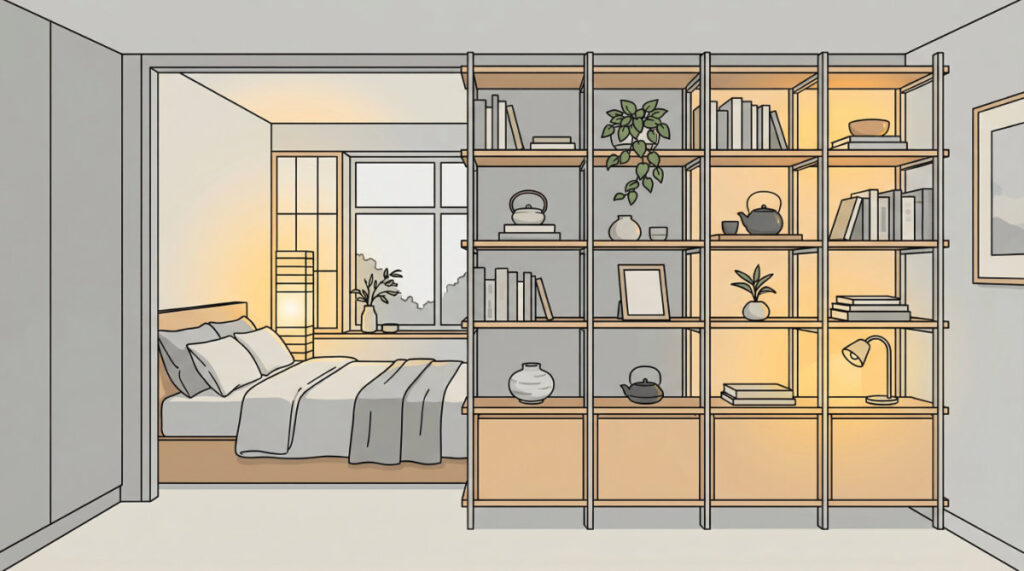 簡約風開放式層架隔間設計,完美劃分睡覺區與起居空間的租屋家具建議