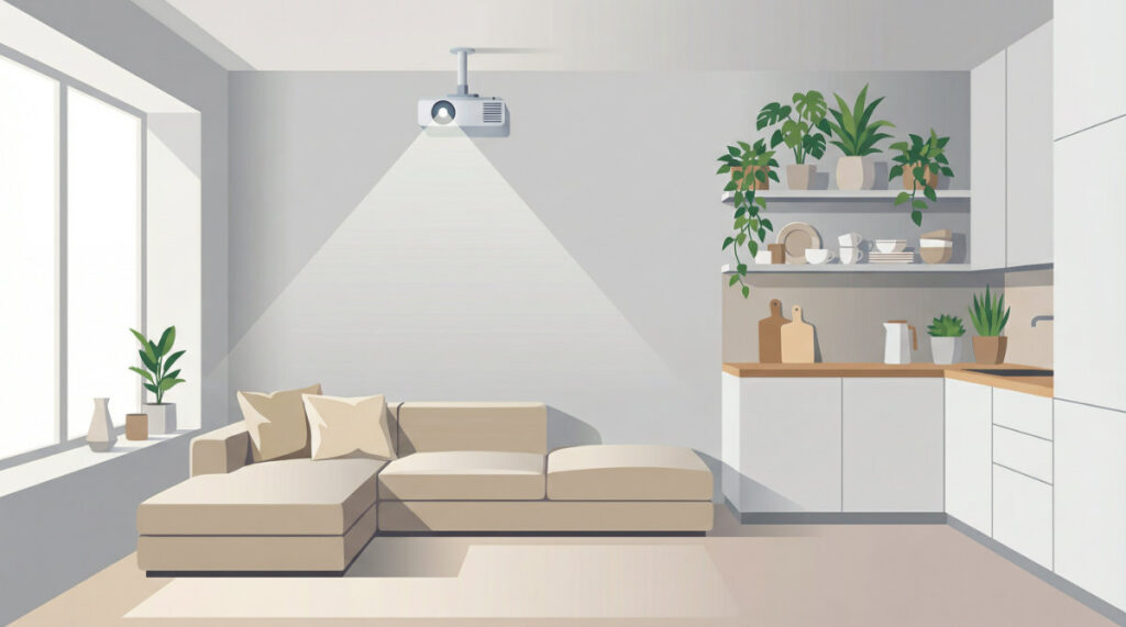 現代極簡風客廳結合微型廚房規劃,展示投影機家庭劇院與收納層架設計