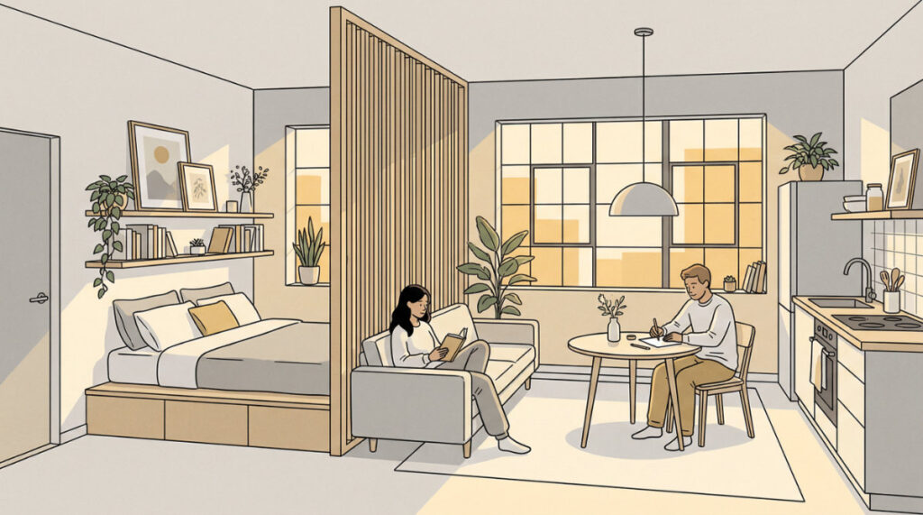 日系風木質格柵隔間套房,規劃獨立床舖、沙發與小餐廳的機能住宅