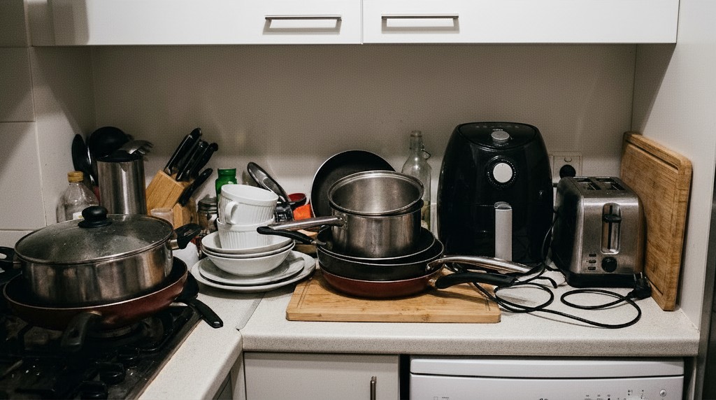 廚房檯面收納混亂對比照，氣炸鍋、烤箱與鍋具堆疊示意圖。