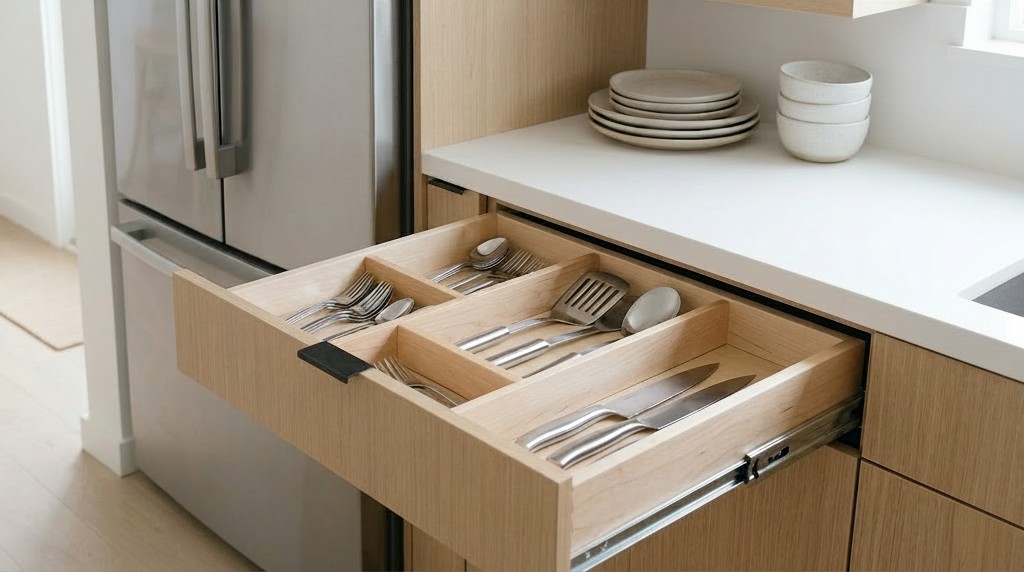 廚房抽屜收納設計，木質餐具分類收納格與質感不鏽鋼刀叉擺放。