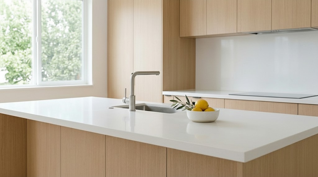 廚房中島設計與白色人造石檯面，搭配質感水龍頭與簡約木作櫥櫃