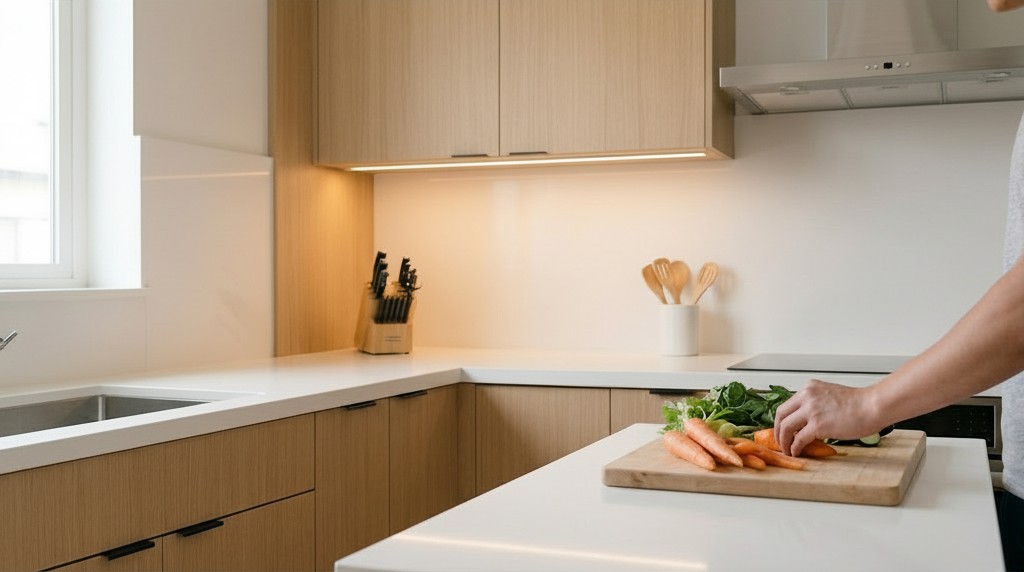 廚房吊櫃下方照明設計，暖色LED感應燈條增加料理台作業亮度
