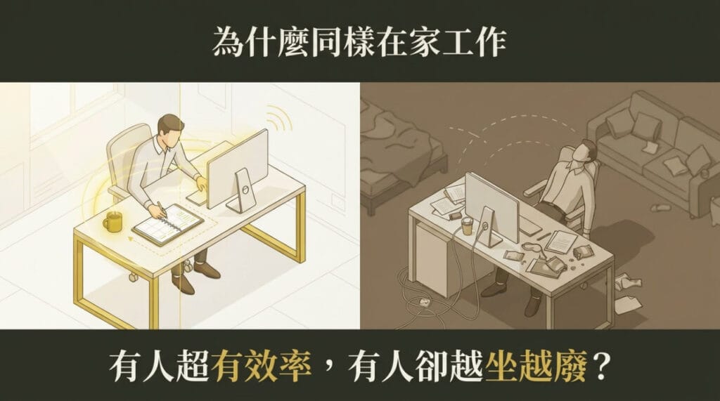 在家工作效率對比：左側專注高效的辦公環境與右側凌亂分心的居家空間