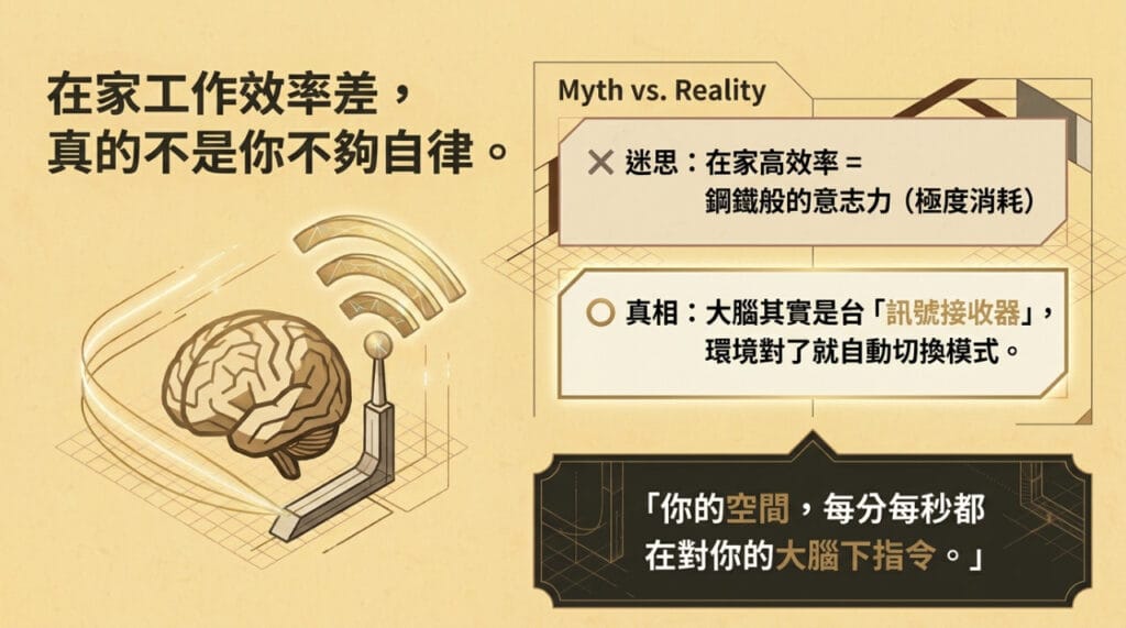 大腦訊號接收器概念圖：打破在家工作自律迷思並強調空間環境對專注力的引導指令