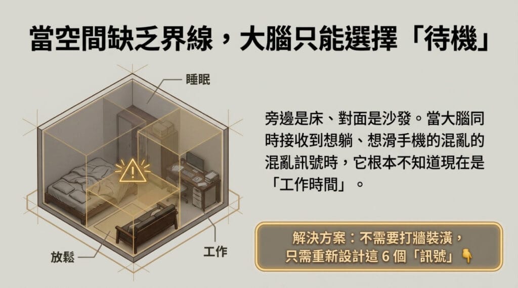 套房空間缺乏界線導致大腦待機：睡眠放鬆與工作區域混雜的混亂訊號示意圖